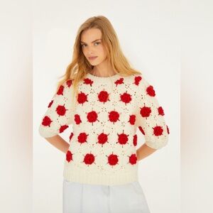 Farm Rio Red Flower Crochet Knit Blouse